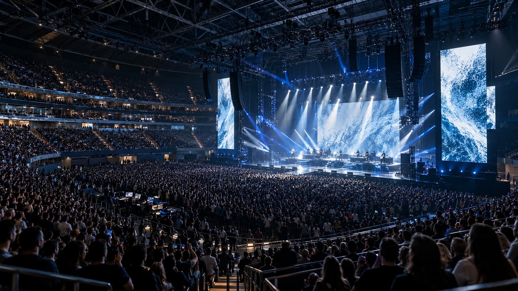 Conceptual indoor arena concert with a clearly illuminated stage, audience, and overhead production rigging